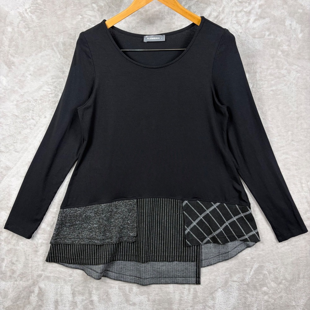 Alembika Top Size 3 Black Mixed Media Patchwork Lagenlook Tunic Stretch 
 Artsy